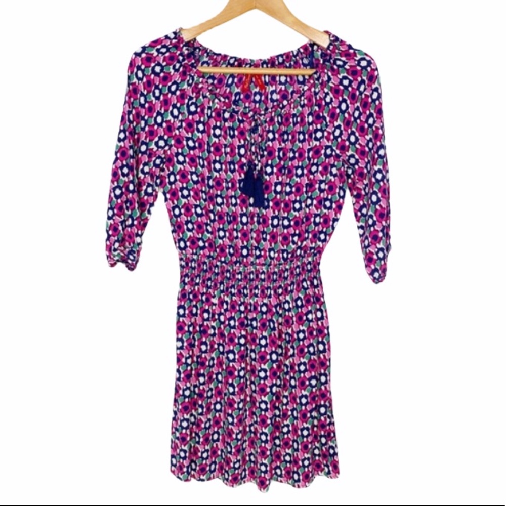 RED CAMEL Colorful Print Mini Dress, Tassel Tie XS